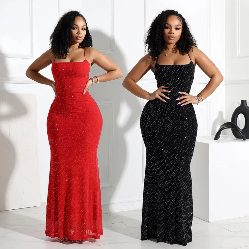 

Women Camisole Dress Sheath Party Dresses Ankle Length Vestidos Sleeveless Slim 2025 Diamonds Slight Strech Summer Spliced