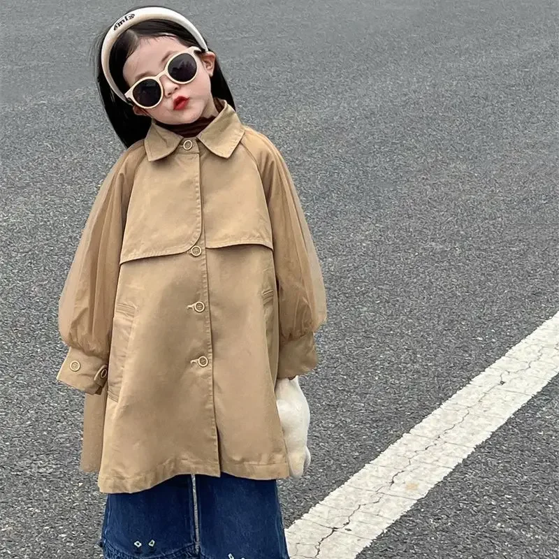 Girls Coat 2024 Autumn New Childrens Wear Korean Style Girl Baby Foreign Style Lengthened Trench Coat Casual Simple and Lovely