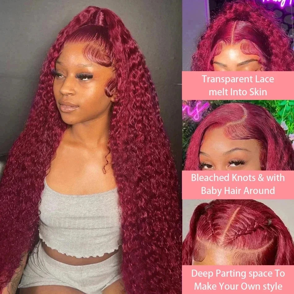 99j Colored 13x6 Curly Lace Front Human Hair Wigs Loose Deep Wave Burgundy Hd Transparent Brazilian Lace Frontal Wigs For Women