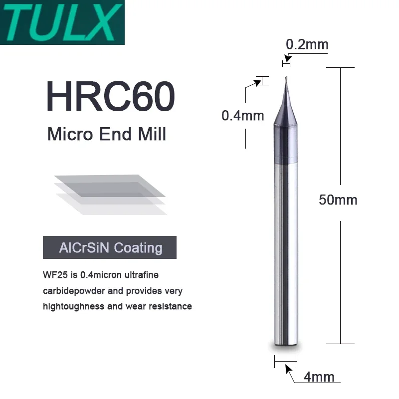 TULX 1PC HRC60 Micro Square End Mill 2 Flutes 0.2-0.9mm TiAIN Micro Flat 4mm Shank Milling Cutter Mirco Carbide  Engraving Bit