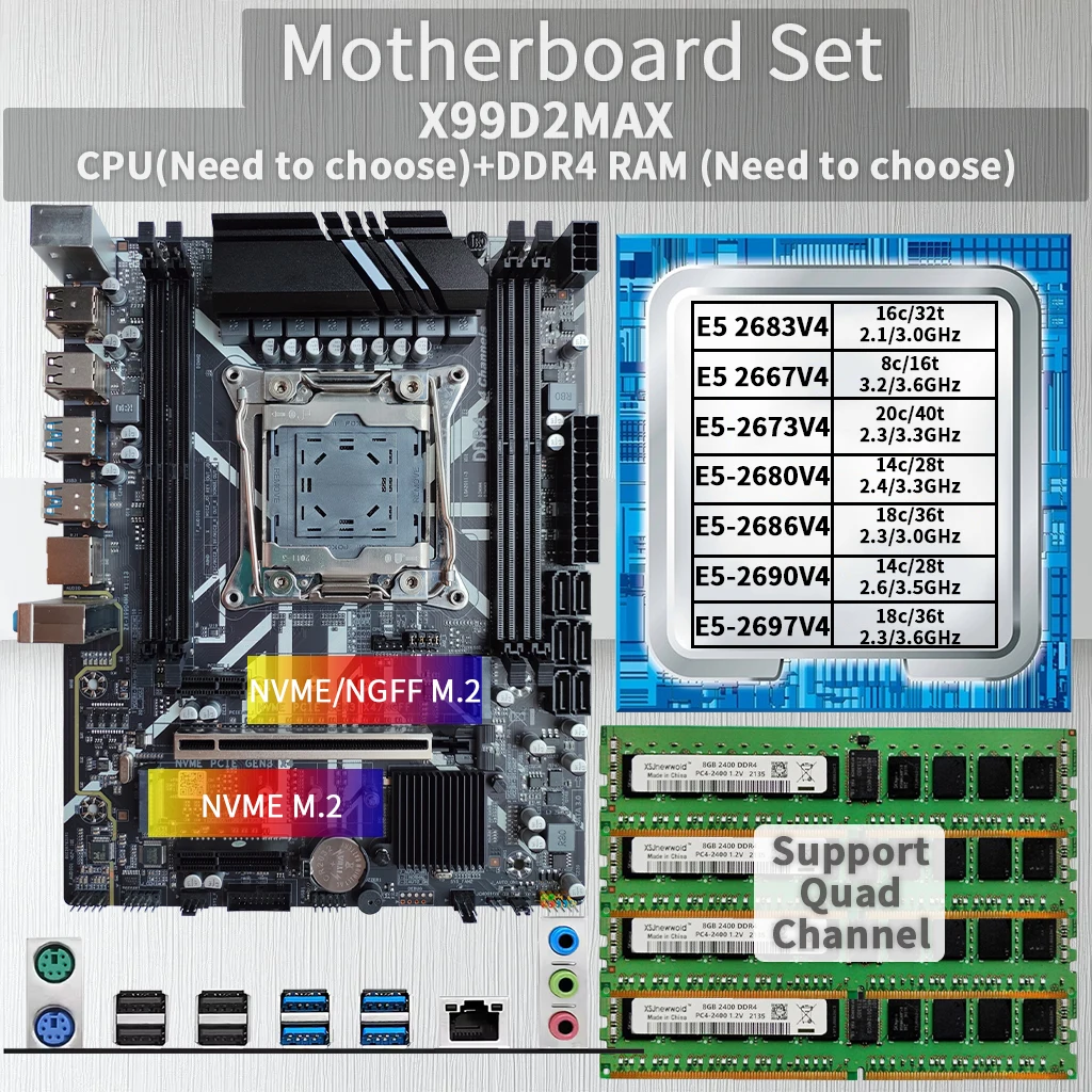 X99 Motherboard Combo Kit Xeon E5 CPU LGA 2011-3 Processor DDR4 Quad RAM Memory NVME M.2 WIFI USB 3.0 MR9A PRO