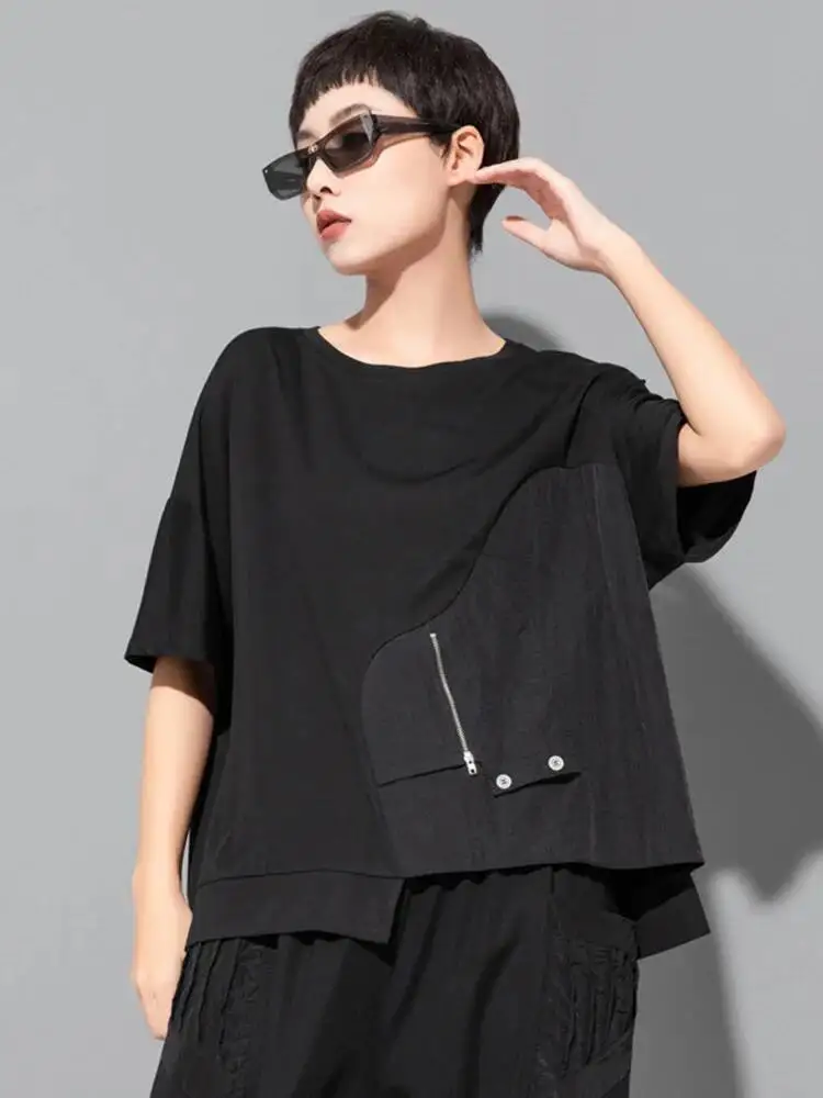 

Black Irregular Women Casual Big Size T-shirt New Round Neck Short Sleeve Fashion Spring Summer 2026 JKQB