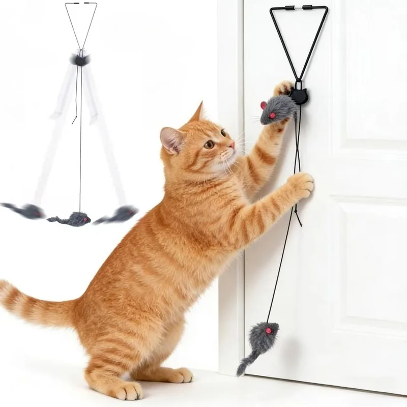 Interaktives Katzenspielzeug zum Aufhängen an der Tür, Plüschmaus, selbstspielendes Hängespielzeug für Kätzchen, elastischer Clip für die Tür, schwingendes Katzenspielzeug