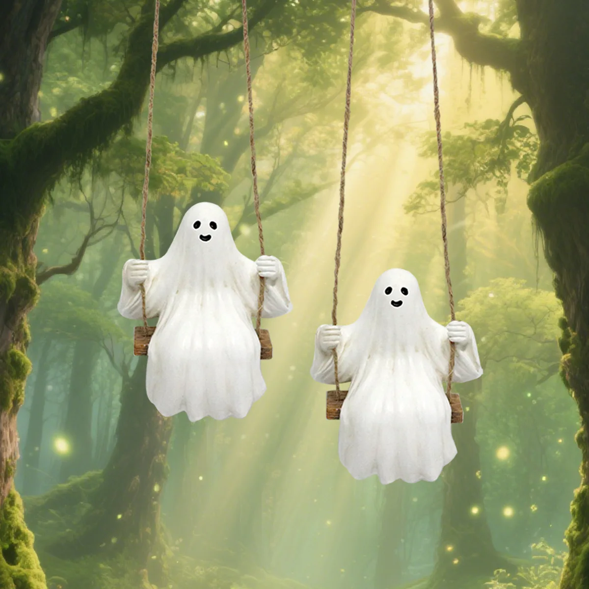 

Halloween Ghost Swing Decor - 2 Pcs Resin Ghosts on Miniature Swing Set for Outdoor Garden