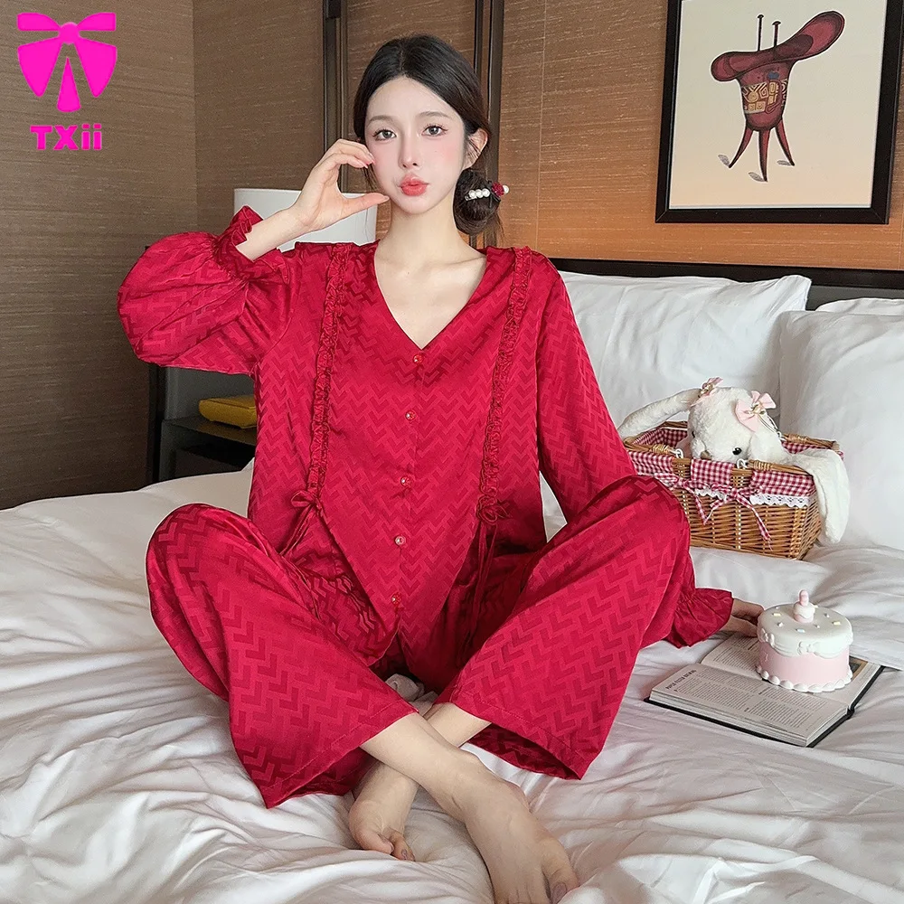 TXii Newlook 2024 Fashion New Sweet Lovely V-Letter Pajamas Women's Ice Silk Square Plaid Doll Collar Comfortable Home Clothes