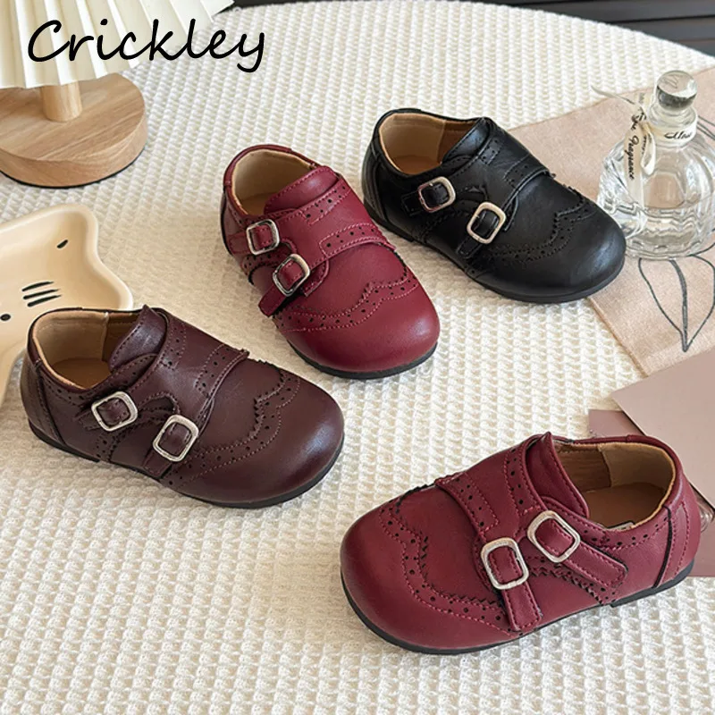 

Buckle Vintage Girls Flats Shoes PU Leather Hook Loop Children Casual Shoes Solid Soft Bottom Non Slip Kids British Shoes