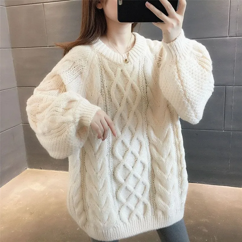 Suéteres de punto para mujer, jersey térmico liso y cálido, moda coreana en promoción, jersey holgado de estilo perezoso para otoño