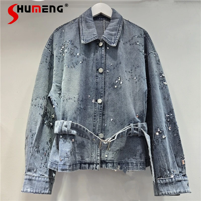 

Fashion Embroidered Sequin Denim Jackets Women 2026 Spring Autumn New Lace-Up Loose Comfort Tops Ladies Long Sleeve Denim Coats
