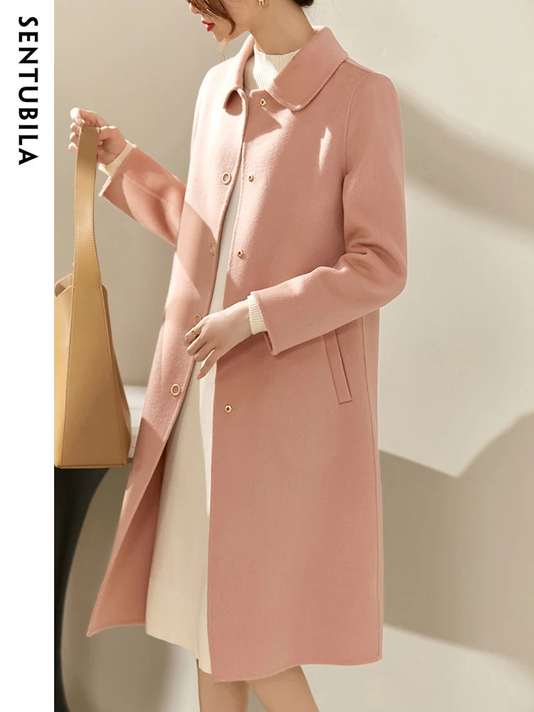 SENTUBILA Longline Winter 100% Wool Coat for Women 2024 Elegant Single Breasted Warm Wool Overcoats Ladies Outerwear W14O36582