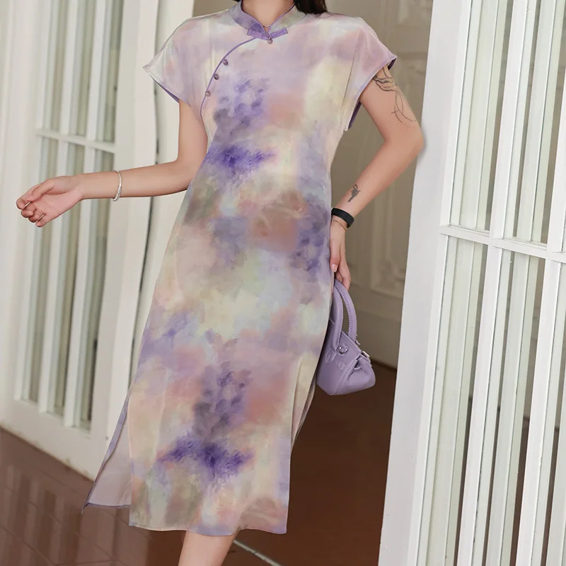 Chinese Style Cheongsam Dress Vintage Print Stand Up Collar Buckle Dress Summer Women's Clothing Fashion Purple Skirt