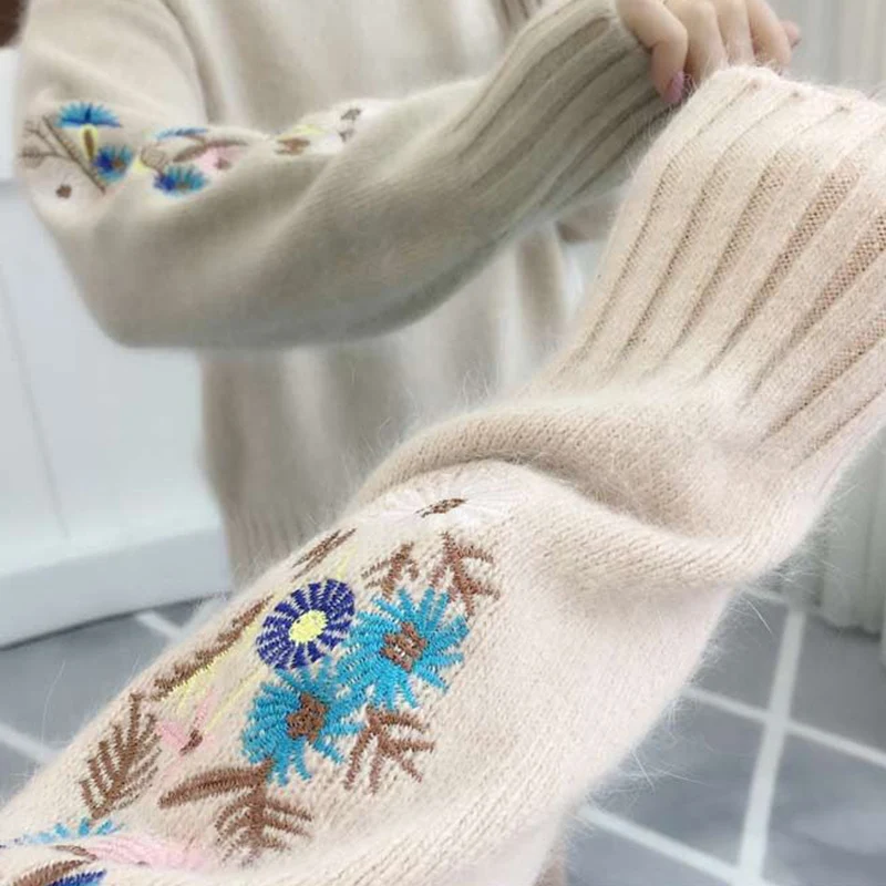 Korean Fahsion Embroidery Long Sleeve Sweater Women All Match Round Neck Cropped Sweaters Woman Autumn Winter Thick Warm Jumpers