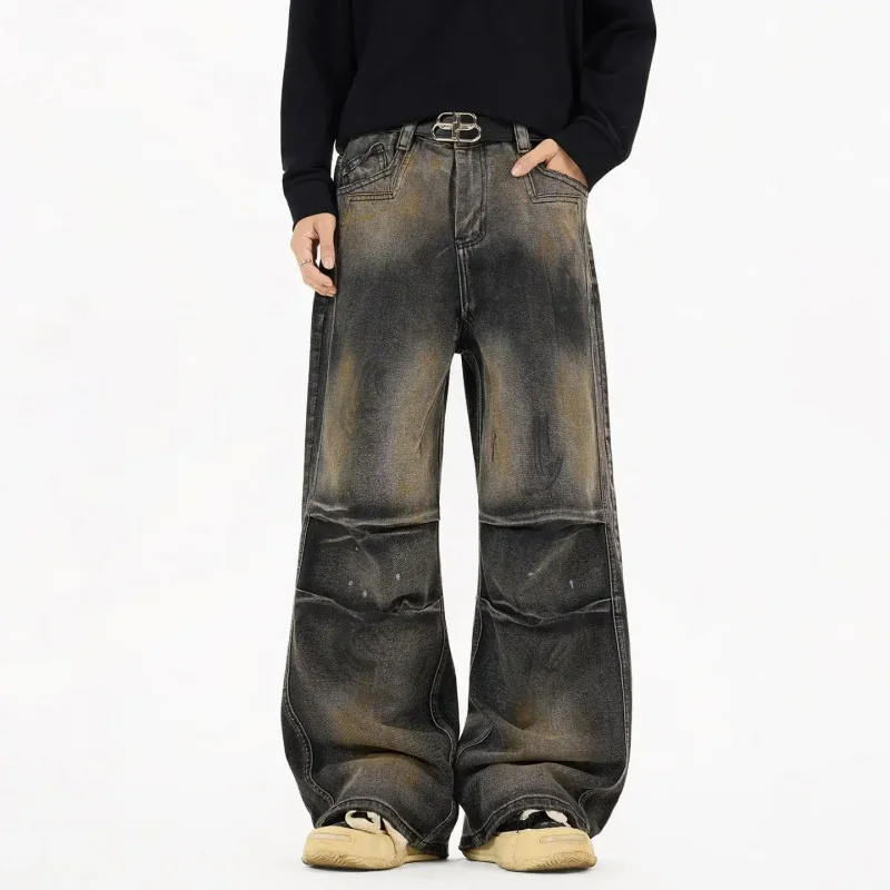 2026 Men's Mud-Colored Jeans with Oxidation Coating Vintage Design Three-Dimensional Folds Retro Y2K Loose Wide-Cut
