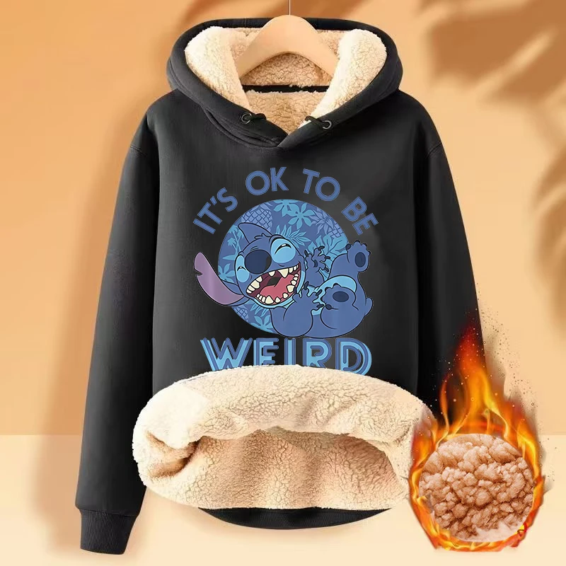 Disney Stitch Adult Hooded Sweatshirt Cartoon Anime Winter Lamb\'s Cashmere Hoodie Thickened  Heat Preservation Clothes Cute Gift