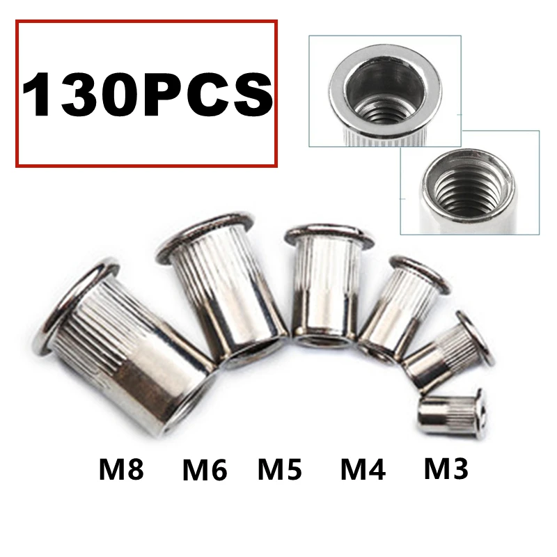 

130PCS M3 M4 M5 M6 M8 Multi Size Flat Head Rivet Nuts Set Flat Head Rivet Nut Insert Rivnut Nutsert