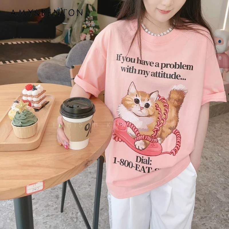 

Women's Clothing 2025 Summer Pink Sweet Cute Top Tees Cartoon Cat Print Alphabet Casual Versatile Short-sleeved T-shirt Pullover