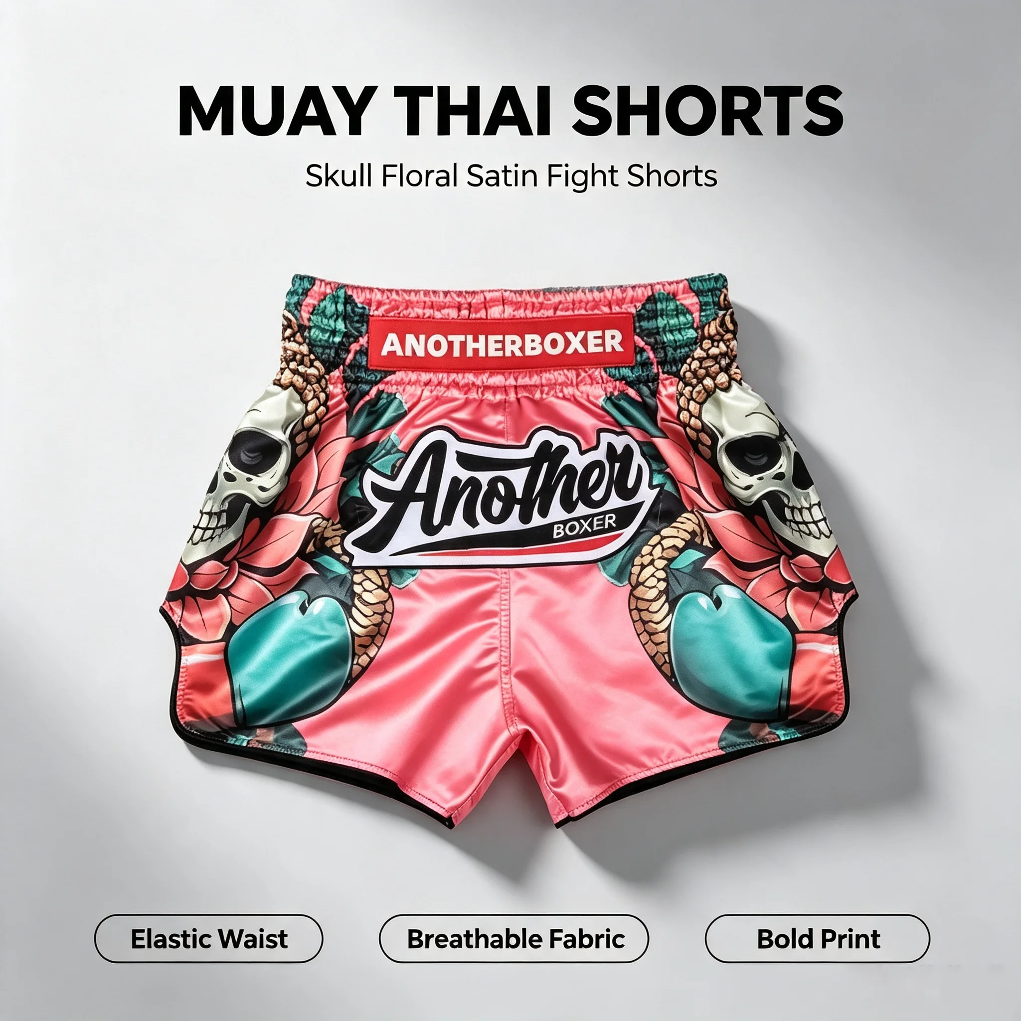 Muay Thai Kickbox-Shorts Premium Satin Kampfshorts Rosa Totenkopf-Rose Boxshorts für Männer und Frauen MMA-Training, Sparring & Fitnessstudio