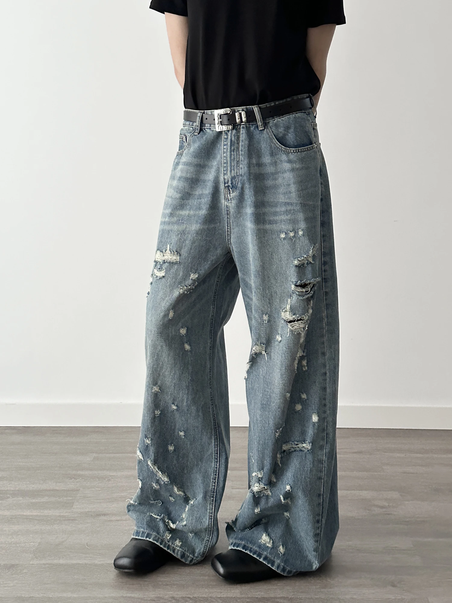 2025 여름 신상 미국 스타일 홀 데님 남성 레트로 루즈핏 하이 스트릿 데님 바지 남성 멋진 스트레이트 와이드 레그 데님 팬츠