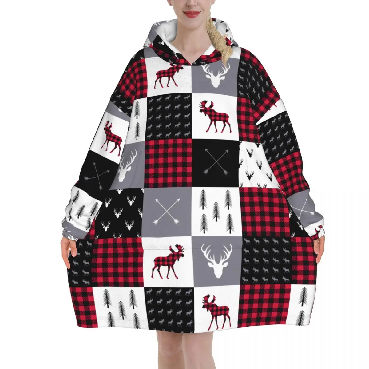 

Christmas Patchwork Buffalo Plaid Pattern Wearable Blanket Hoodie for Women Xmas Checkered Check Sweatshirt Blanket with Pocket