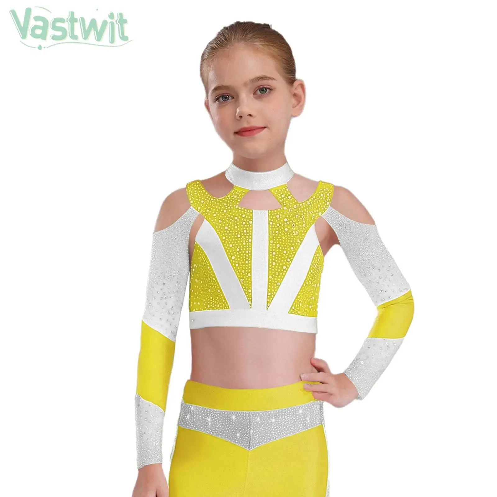 

Детский костюм для фигурного катания, гимнастики, акробатики, блестящие укороченные топы с длинными рукавами и стразами для хип-хоп, джазовых танцев