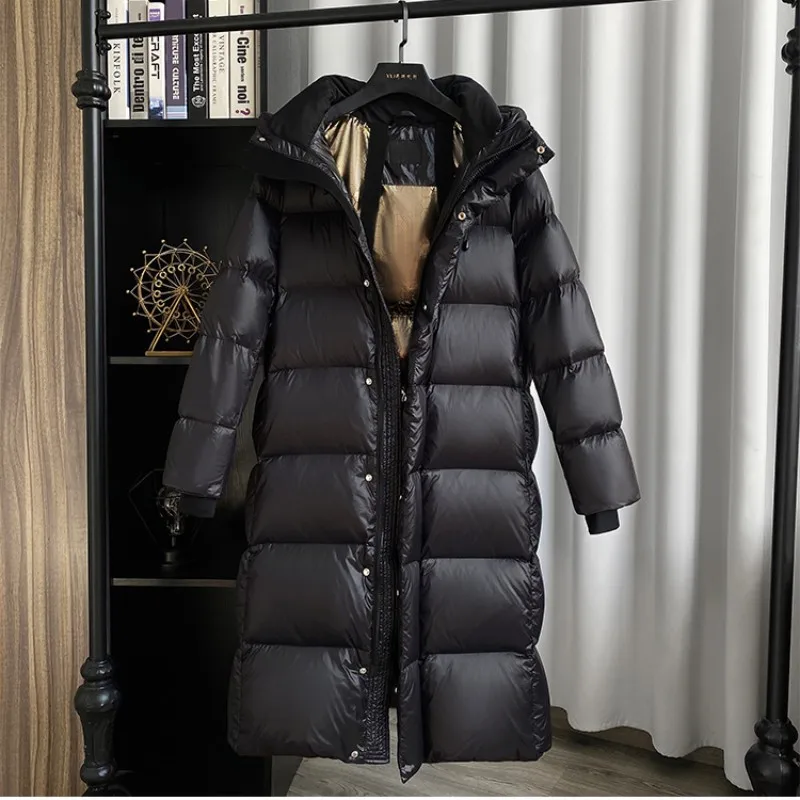 New Black and Gold White Goose Down Women\'s Down Jacket Long Temperament Hooded Windproof Over-the-knee Coat Padded Down Jacket