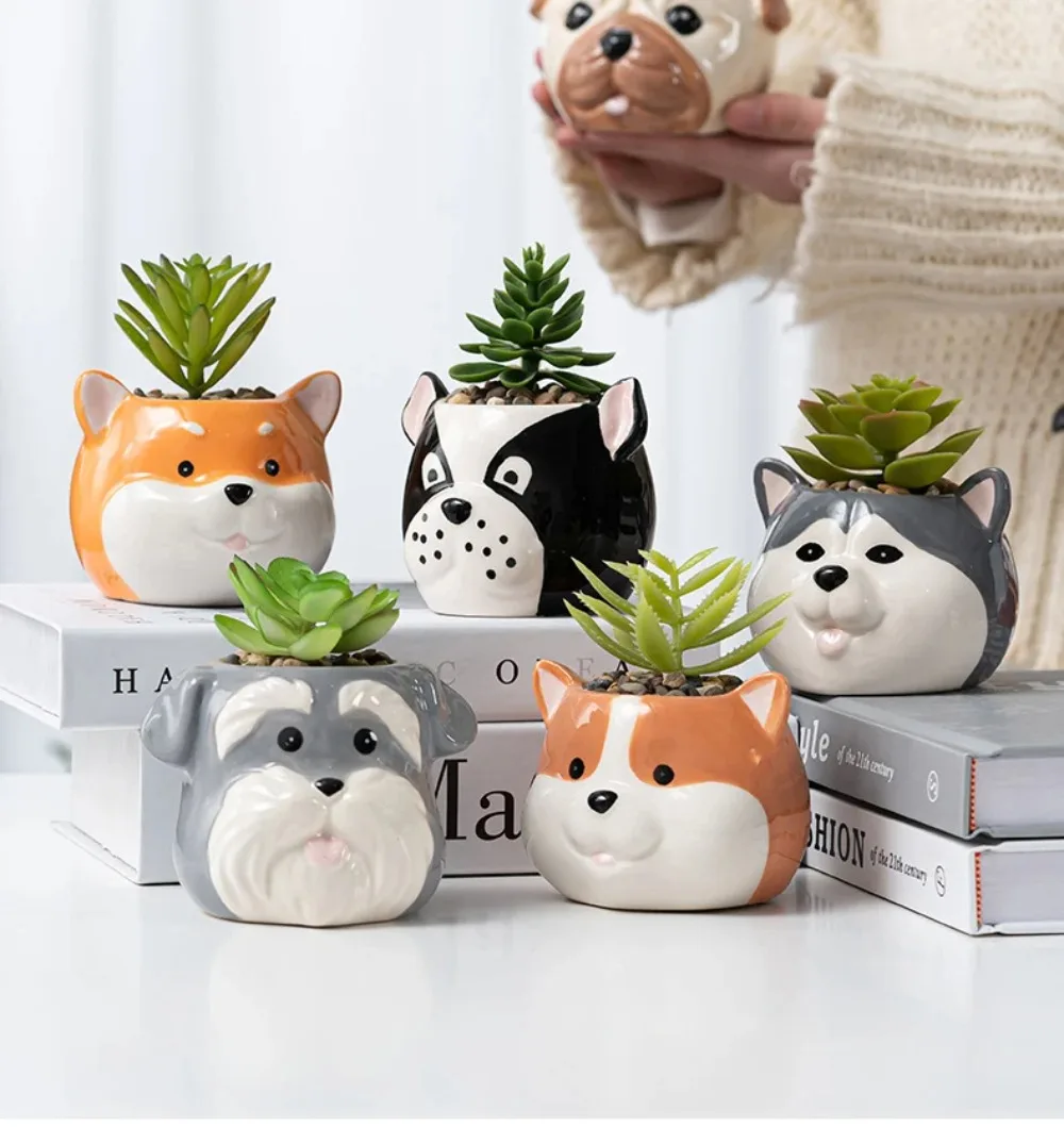 Animal Ceramic Flower Pots Plant Potted Cute Cartoon Dog Desktop Flower Pots Modern Art Vase Interior Aesthetic Decoration