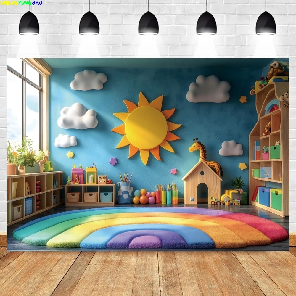 Kinder Geburtstag Party Fotografie Hintergrund Sonne Giraffe Baby Dusche Dekor Kindergarten Porträt Hintergrund Foto-shooting Studio Requisiten