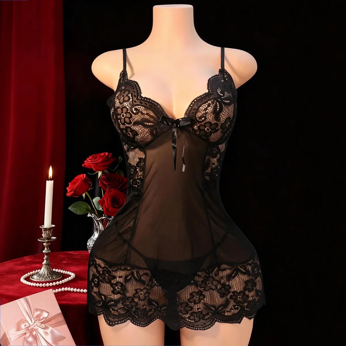 Western Sexy Women Underwear Babydoll Nightgown Backless Cross Strap Spaghetti Bowknot Hollow Out Mesh Lace Slip Lingerie Set