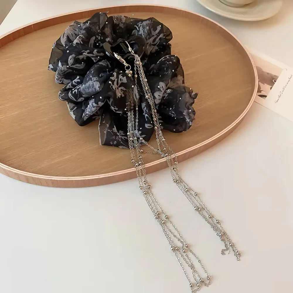 Horquillas con lazo de tela para mujer, cadena de diamantes de imitación de malla, Clip de agarre con borlas, accesorios para el cabello multicapa, Súper Hada dulce