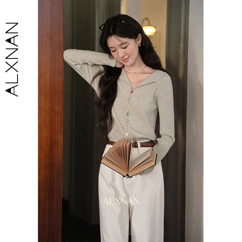 

ALXNAN женский вязаный свитер с овсяным вырезом и v-образным вырезом, красочные цветочные пуловеры на пуговицах, осень 202, вязаные топы с длинными рукавами L569176