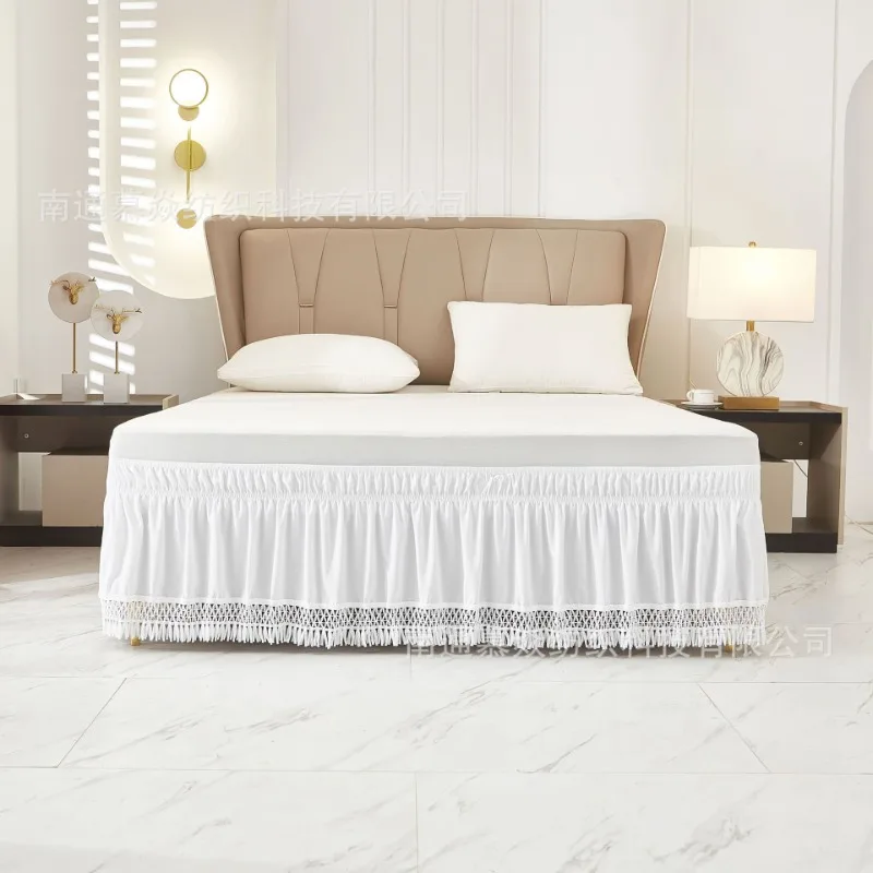 Solid color high elasticity bed skirt with tassel elastic embedded bed apron, fully wrapped edge, bedroom bedspread