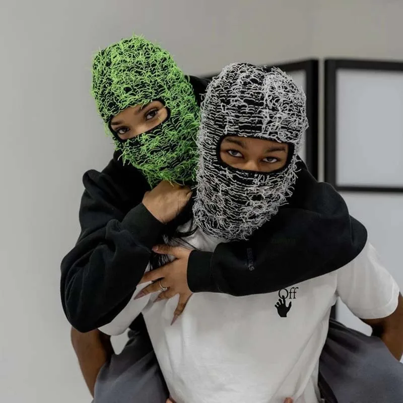 Hip Hop Balaclava para mulheres, bonés de malha angustiados, máscara de esqui facial completo, chapéu camuflado ao ar livre, Gorros felpudos, novo, chapéu 2022