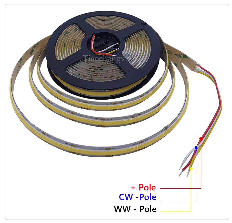 Imagem -04 - Luz de Tira Conduzida da Espiga de Cct 5m Cor Dupla de Alta Densidade Quente Branco Fresco Luzes Lineares Reguláveis 24v 576leds m Fita Flexível Corda