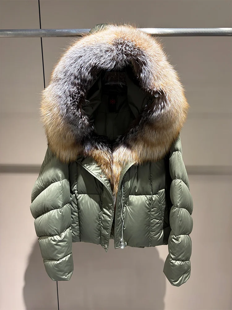 2026 New Winter Women 90% Goose Down Coat Large Real Fox Fur Collar Hooded Puffer Jacket Luxury Warm Brown Outerwear For Ladies