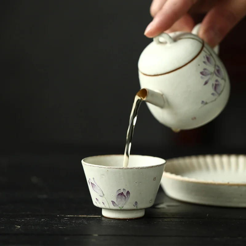 ★Jingdezhen Oriental Chinese Style Pink Series Glaze Hand Painted Magnolia Ceramic Tea Set Tea Tasting Cup Master Cup Tea-Soaked