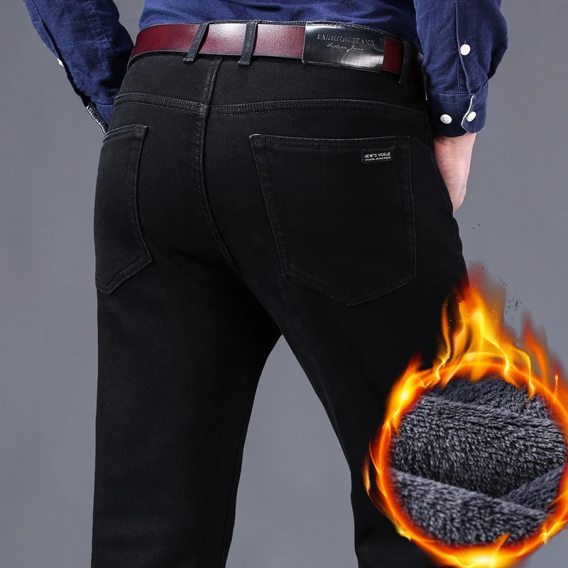 Korean Winter Business Casual Warm Jeans Men's Thickened Velvet Black Fashion Trousers Plush Velvet  Straight Denim Pants
