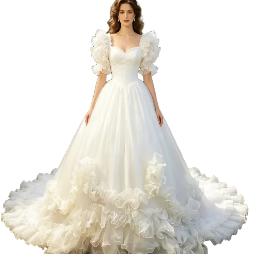 Vintage 1980s Wedding Dress Ruffle Puff Sleeves Froufrou Princess Garden Bridal Gowns Romantic Organza Tiered Baroque Mariage
