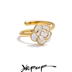Yhpup Trendy Style Pearl Enamel Flower Adjustable Ring for Women Stainless Steel Gold Color Charm Jewelry Wholesale Gift