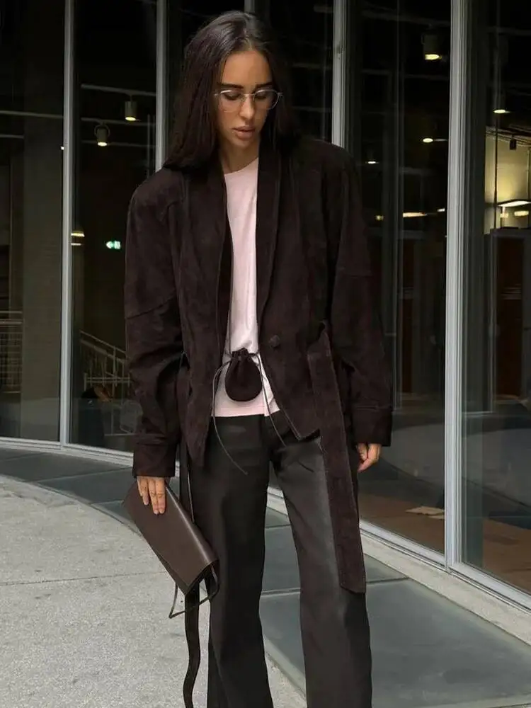 المرأة الخريف الصلبة التلبيب مربوط مع جيوب طويلة الأكمام سترة الإناث موضة الجلد المدبوغ الملمس شارع العليا معاطف غير رسمية #2