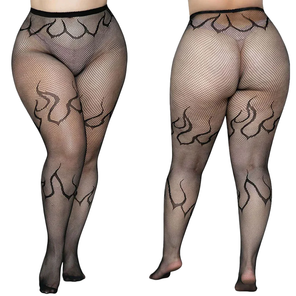 Plus Size 90-140kg Women\'s High Waist Sexy Fishnet Black Tight Exotic Fishnet Pantyhose Flame Halloween Patterned Nylons Stockin
