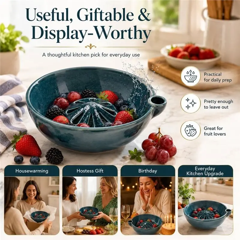AT69 -Self-Spinning Berry Washing Bowl,Glazed Ceramic Berry Bowl With Raised Center And Drainage Holes,Fruit Rinse Colander