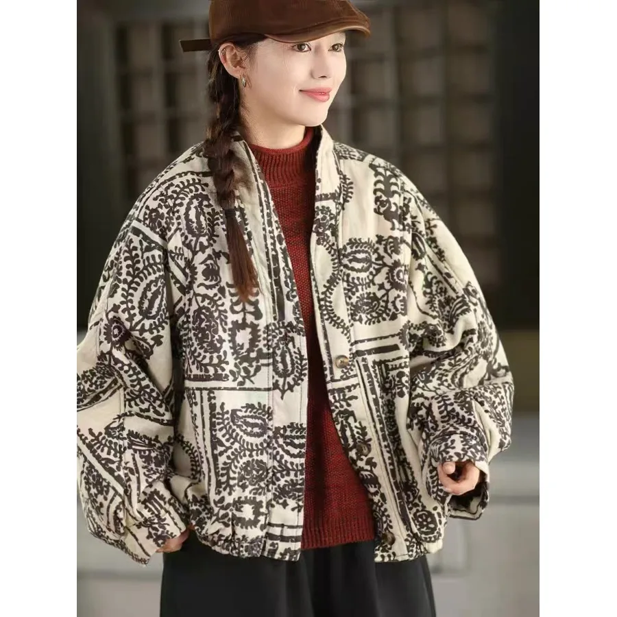 

Thiened Cotton Flannel Jaet Women's Retro Print Ethnic Sle Warm Coat Long Sve V-Ne Button Closure Regular Length