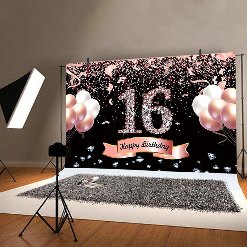 Sweet Rose Gold 16 Photo Backdrop Girls Boy Happy Birthday Party Sixteen Years Old Photograph Background Banner Decoration Prop