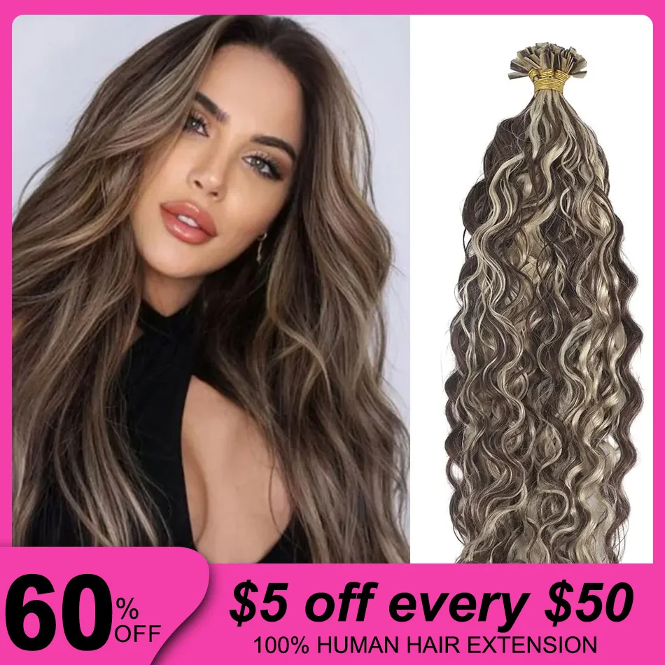 Water Wave V Tip Hair Extensions Hot Fusion Keratin Russian Remy Hair Extensions 50/100 Strands Ombre Blond Color For Salon