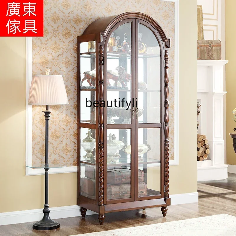 

Q American all-solid wood double-door European retro arched household partition wall glass display cabinet