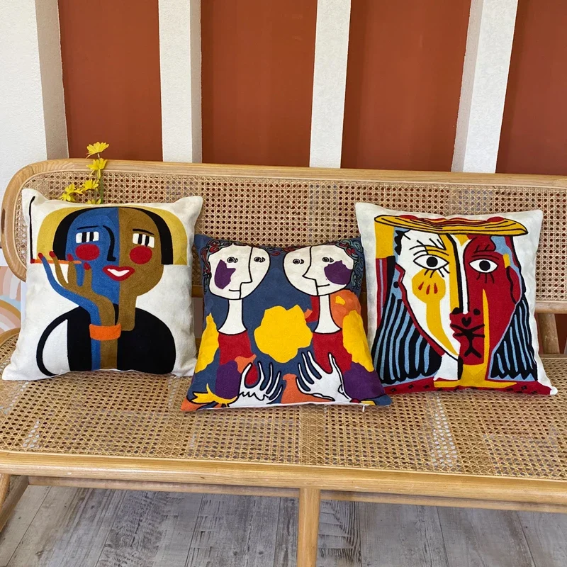 Embroidery Abstract Pillowcase Cotton Cushions Covers Picasso Decorative Throw Pillows Covers for Sofa Living Room Home Decor