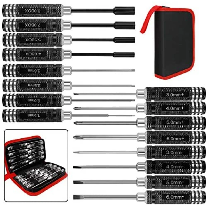 16pcs Model Hex Phillips Screw Nut Flat Hexagonal Screwdriver Steel Set With Black Round Hand Shank For Rc Model Mini Hand Tool