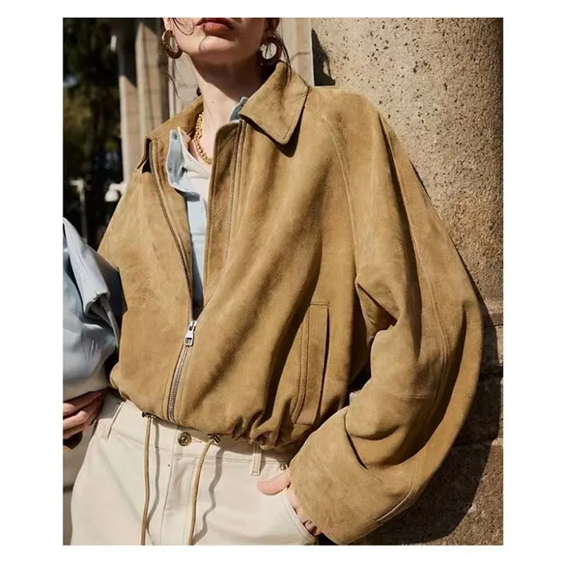 Retro หนังดอกไม้ Bud แจ็คเก็ตผู้หญิงอินเทรนด์เด็ก Suede Drawstring Silhouette สั้นเสื้อ Streetwear Chill Casaco Feminino