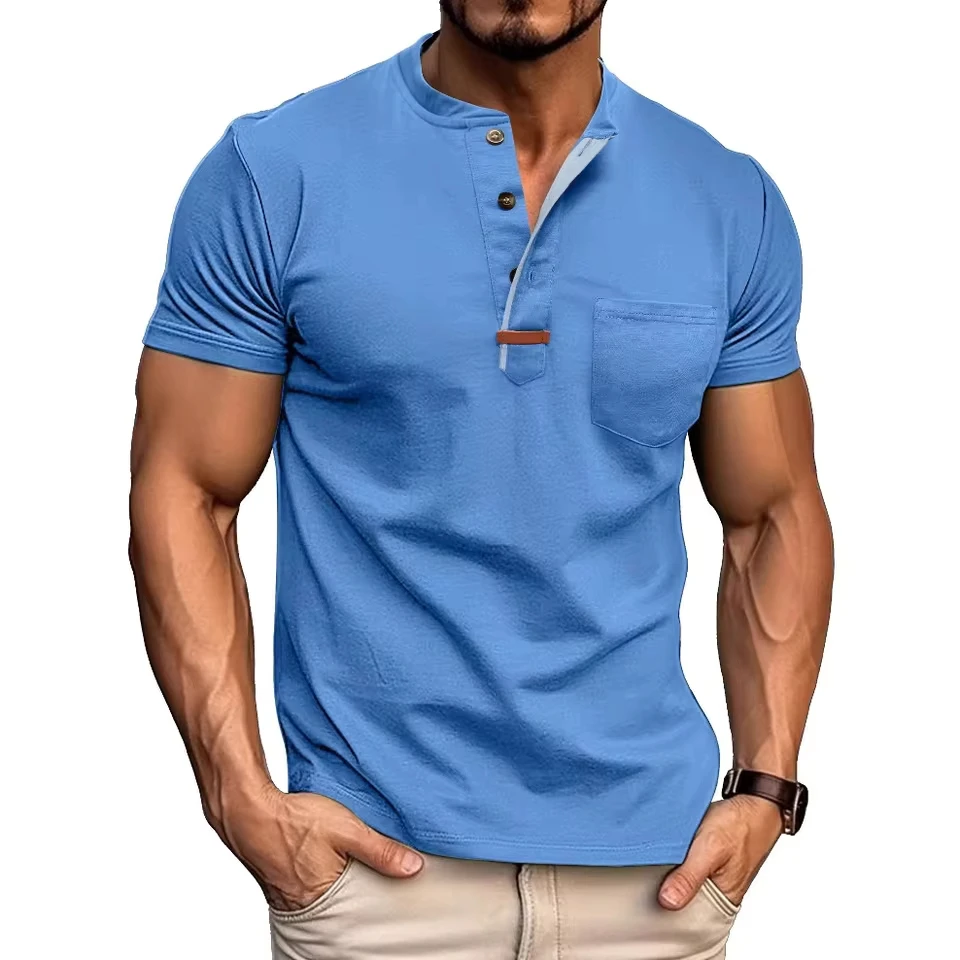 2025 Summer New Fashion Men's Solid Color O-neck Henry Collar Short Sleeve Casual Trendy T-shirts Male Undershirts Clothes Tops
