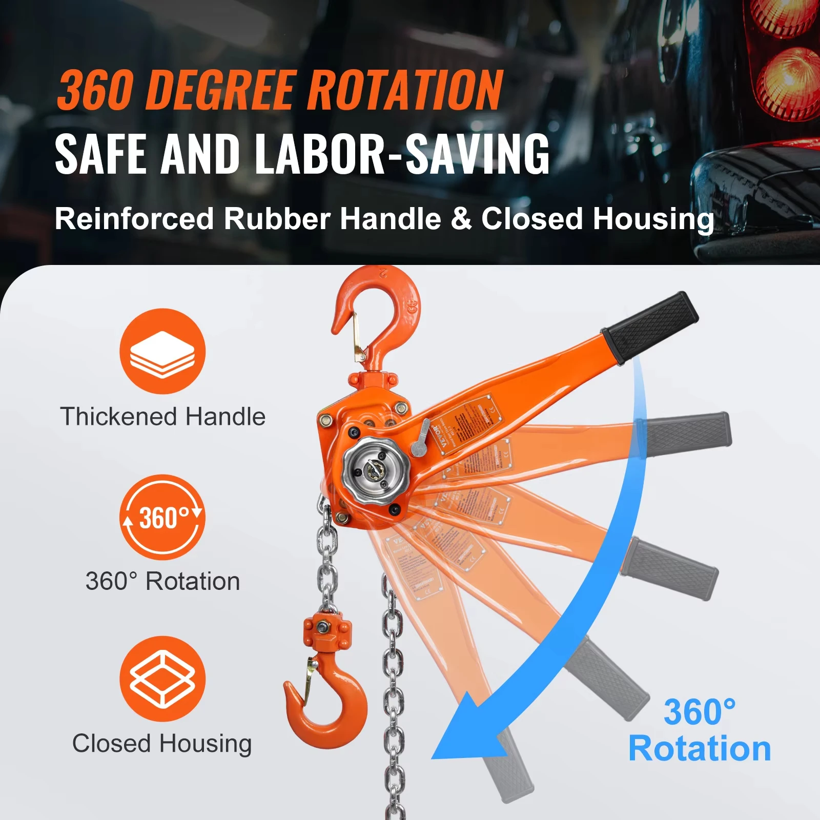 VEVOR Manual Lever Chain Hoist 0.75/1.5/3/6Ton 10/20 FT Come Along G80 Galvanized Carbon Steel Auto Chain Leading for Garage