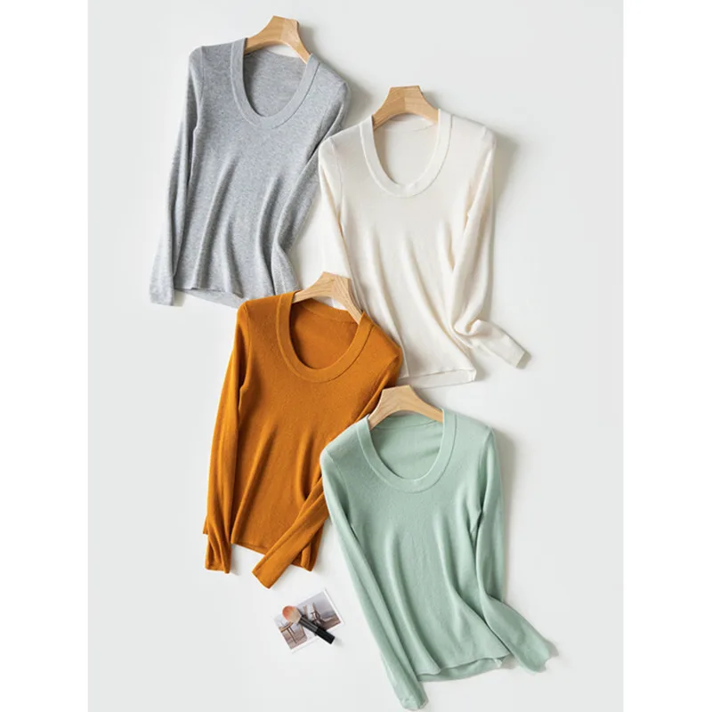 

100% Merino Wool U-neck Sweater Women Autumn Winter Slim Long Sleeve Soft Basic Knitwear